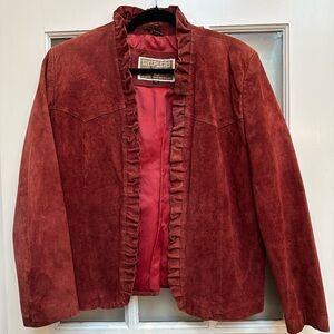 Vintage Sheplers Western 70’s Red Rust Leather Suede Ruffle Trim Jacket Size 14
